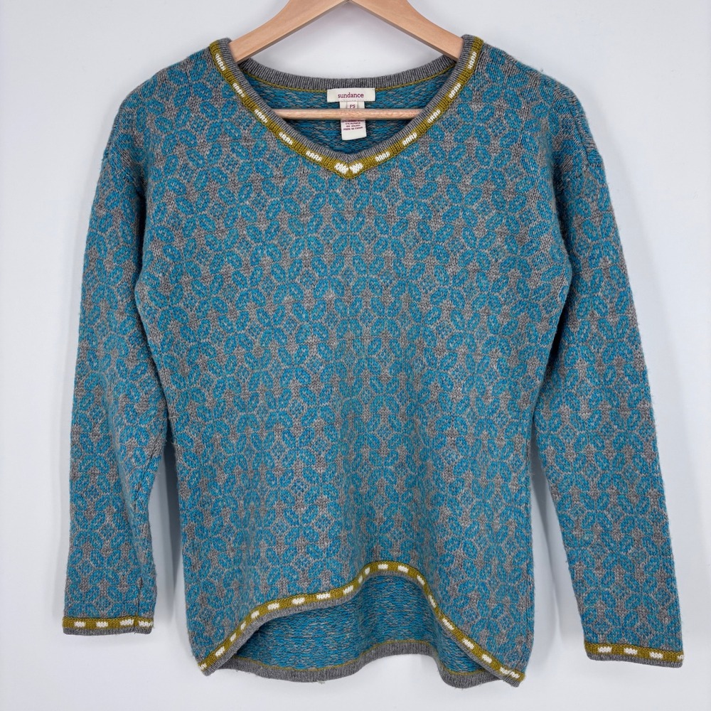 Sundance Chanticleer Merino Alpaca Wool Geometric Knit Sweater Womens PS Blue